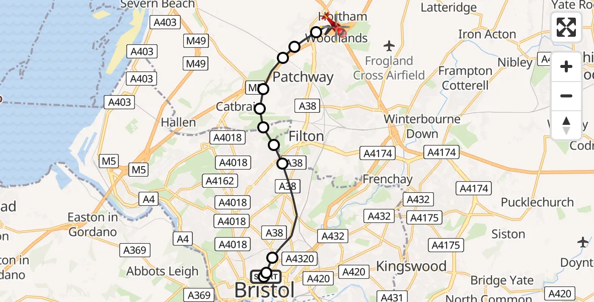 Flight route Air Ambulance Helicopter Bristol Royal Infirmary - Almondsbury Helicopter Base, 10 May 2026, 16:35