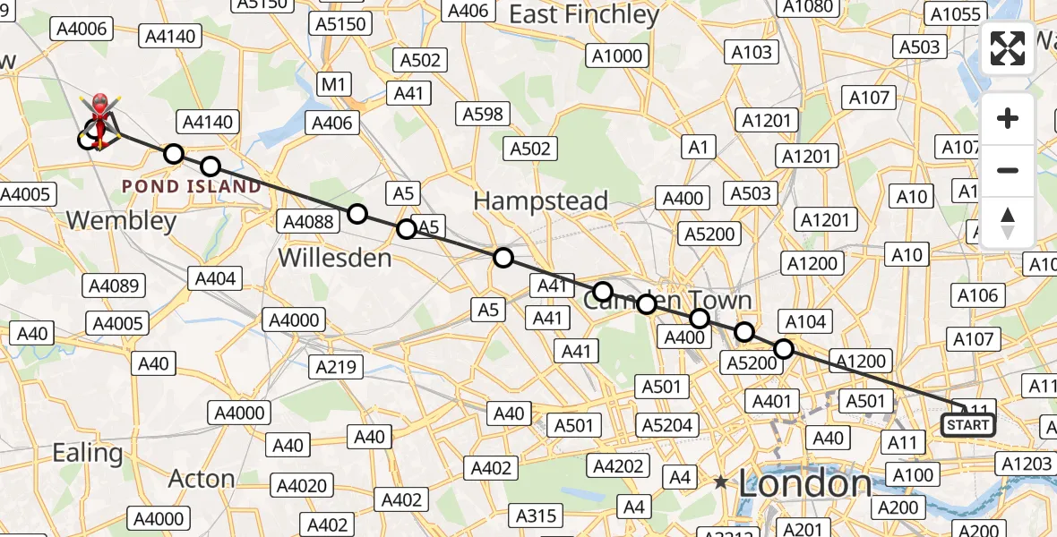 Flight route Air Ambulance Helicopter Royal London Hospital - Preston, 10 May 2026, 16:41