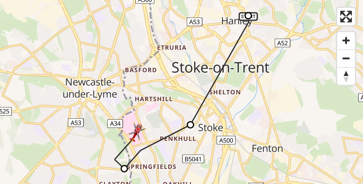 Flight route Air Ambulance Helicopter Hanley - University Hospital North Staffs, 10 May 2026, 16:45