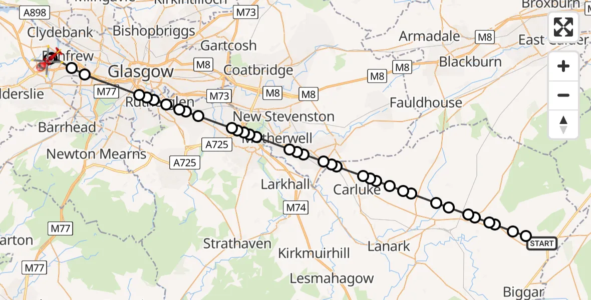 Flight route Air Ambulance Helicopter Elsrickle - Glasgow Airport, 10 May 2026, 16:56