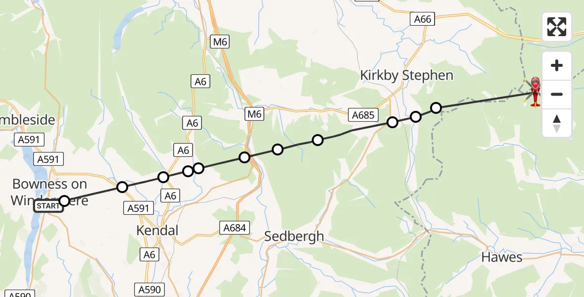 Flight route Air Ambulance Helicopter Bowness on Windermere - Muker, 10 May 2026, 17:01