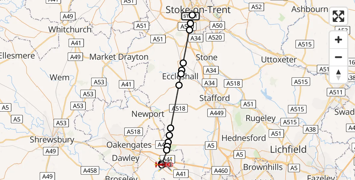 Flight route Air Ambulance Helicopter University Hospital North Staffs - Cosford, 10 May 2026, 17:05