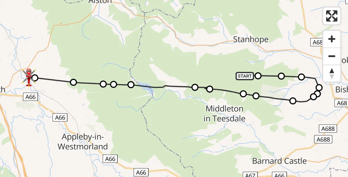 Flight route Air Ambulance Helicopter Middleton in Teesdale - Langwathby, 10 May 2026, 17:05