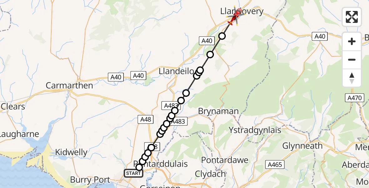 Flight route Air Ambulance Helicopter Dafen - Llandovery, 10 May 2026, 17:07