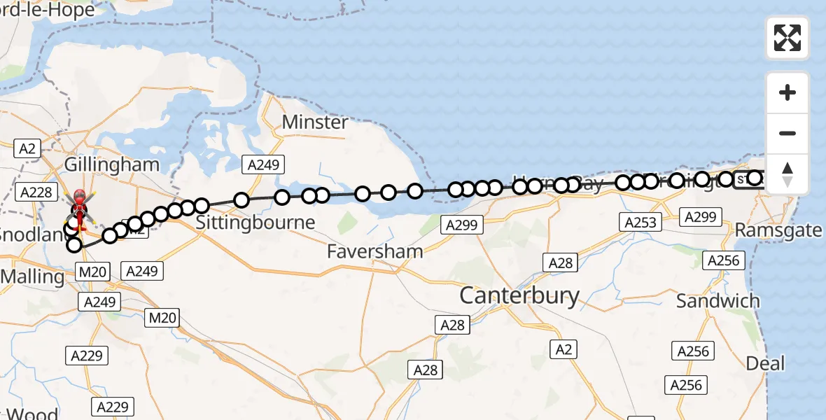 Flight route Air Ambulance Helicopter Queen Elizabeth The Queen Mother Hospital Heliport - Rochester Airport, 10 May 2026, 17:07