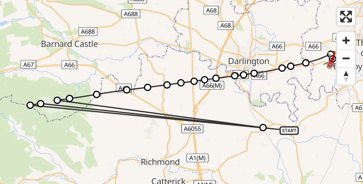 Flight route Air Ambulance Helicopter Great Smeaton - Egglescliffe, 10 May 2026, 17:12
