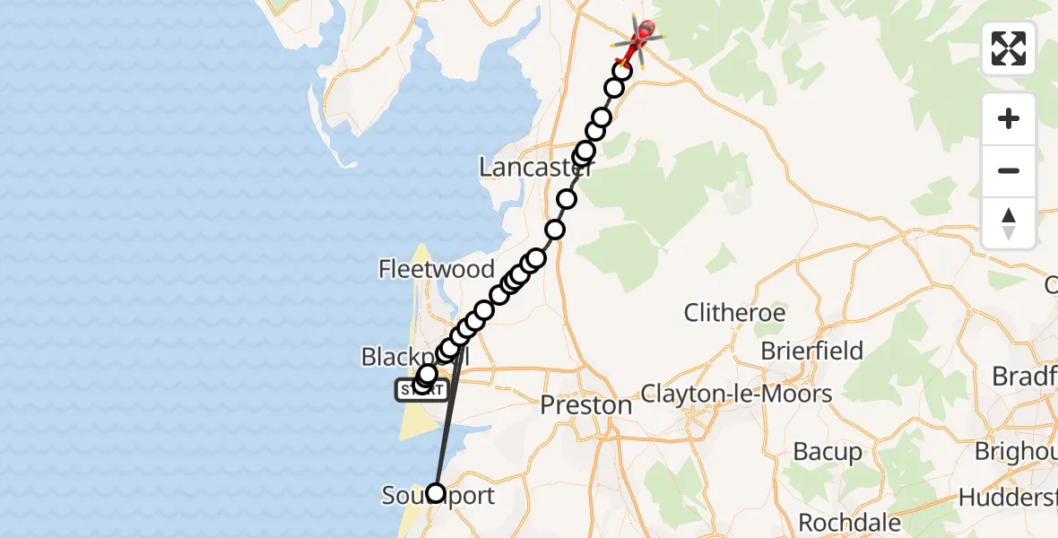 Flight route Air Ambulance Helicopter Blackpool Airport - Whittington, 10 May 2026, 17:13
