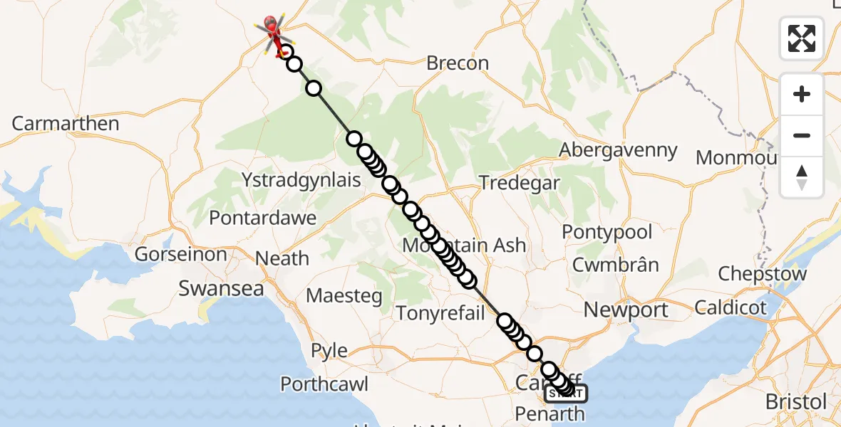 Flight route Air Ambulance Helicopter Cardiff Heliport - Llandovery, 10 May 2026, 17:31