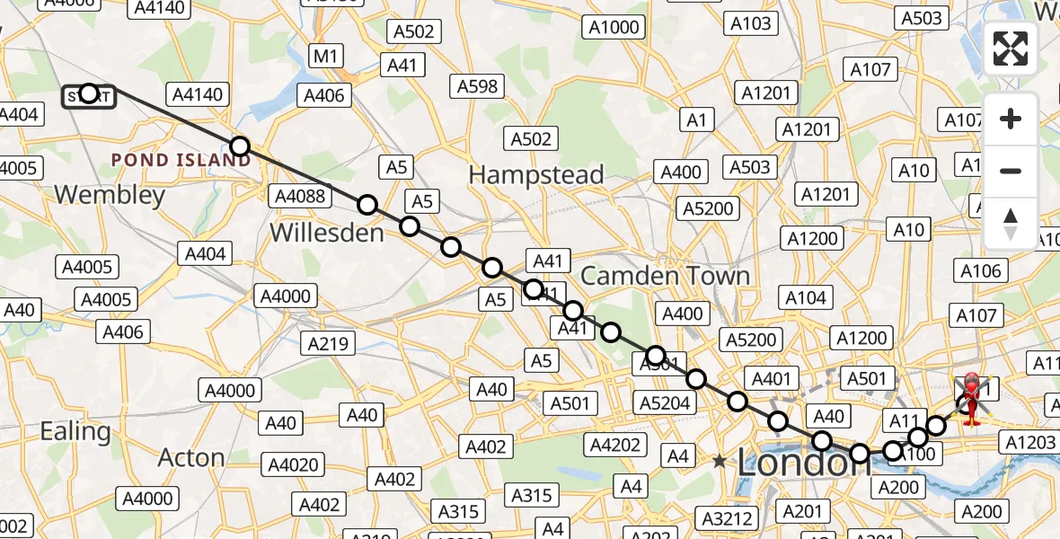 Flight route Air Ambulance Helicopter Preston - Royal London Hospital, 10 May 2026, 17:34