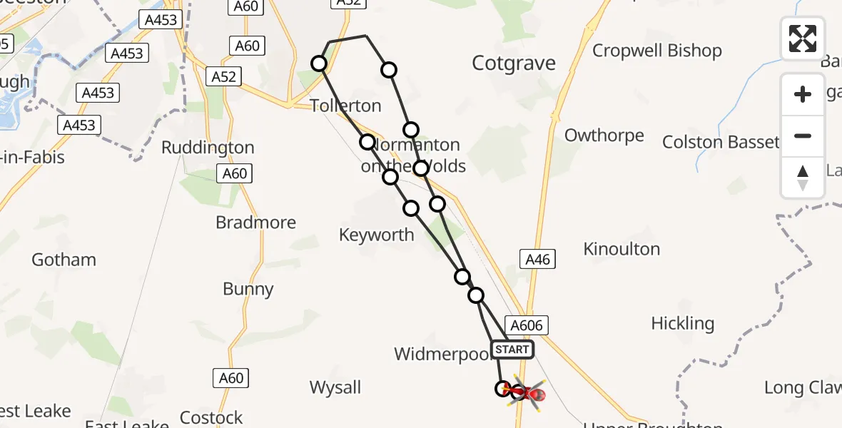 Flight route Air Ambulance Helicopter Widmerpool - Nottingham Heliport, 10 May 2026, 18:00