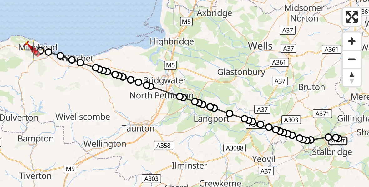 Flight route Air Ambulance Helicopter Henstridge Airfield - Minehead, 10 May 2026, 18:00