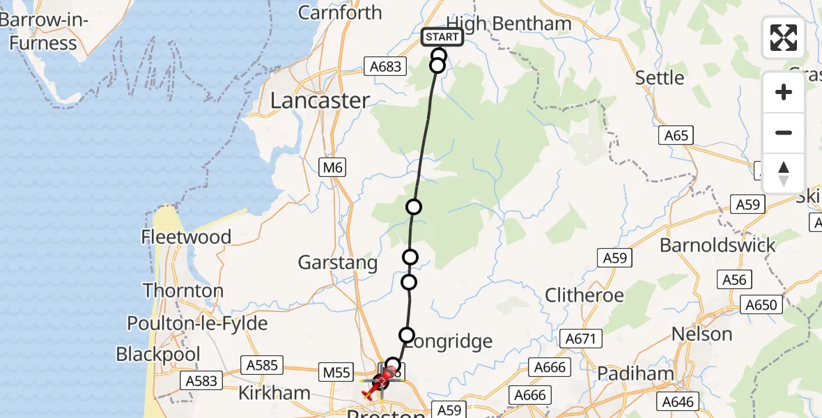 Flight route Air Ambulance Helicopter Wray - Preston, 10 May 2026, 18:16
