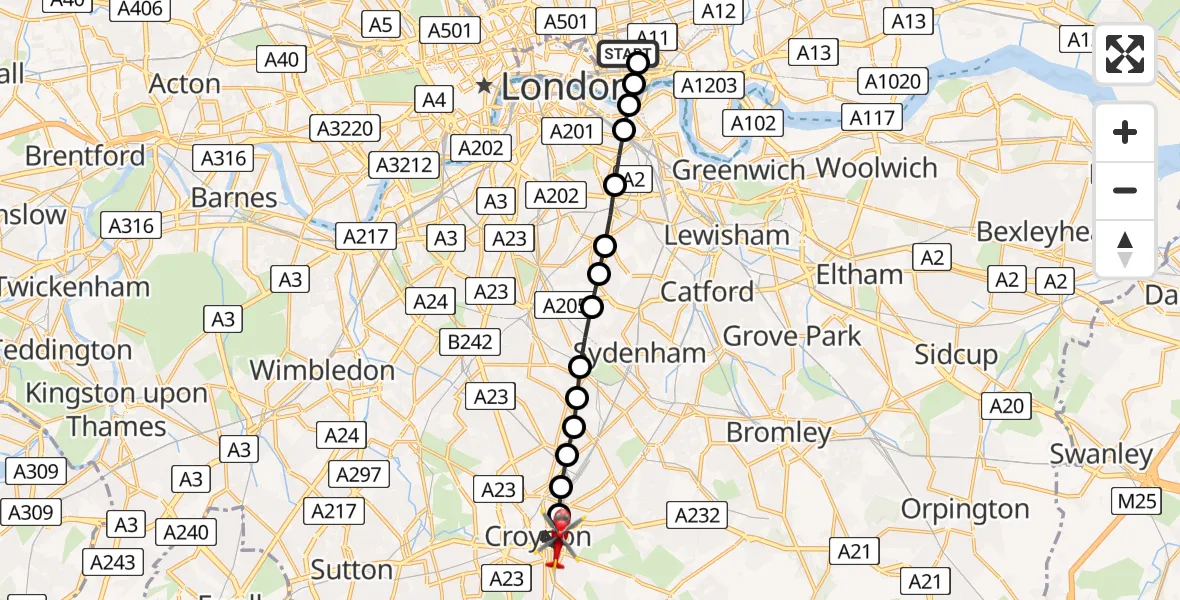 Flight route Air Ambulance Helicopter Royal London Hospital - Broad Green, 10 May 2026, 18:17