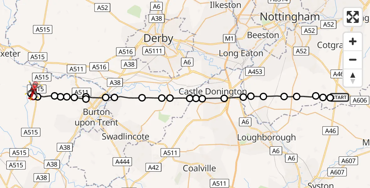 Flight route Air Ambulance Helicopter Rushcliffe - East Staffordshire, 10 May 2026, 18:19