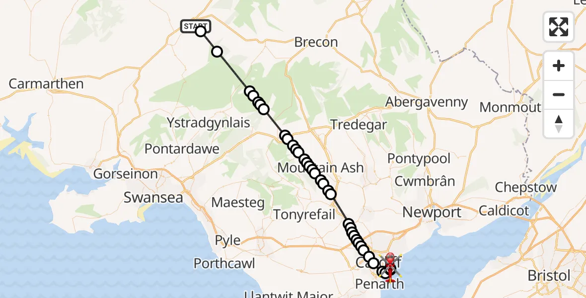 Flight route Air Ambulance Helicopter Llandovery - Cardiff Heliport, 10 May 2026, 18:37