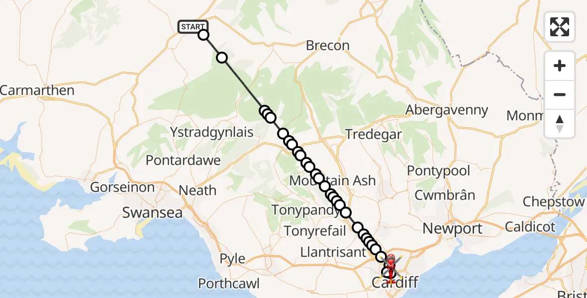 Flight route Air Ambulance Helicopter Llandovery - Mynachdy, 10 May 2026, 18:37