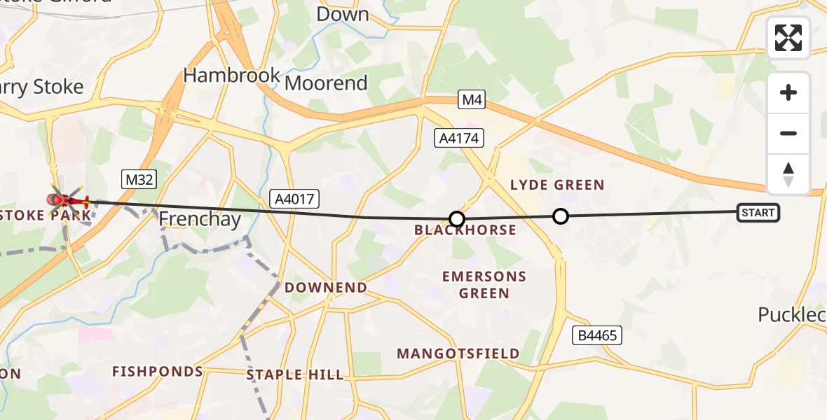 Flight route Air Ambulance Helicopter Pucklechurch - Harry Stoke, 10 May 2026, 18:43
