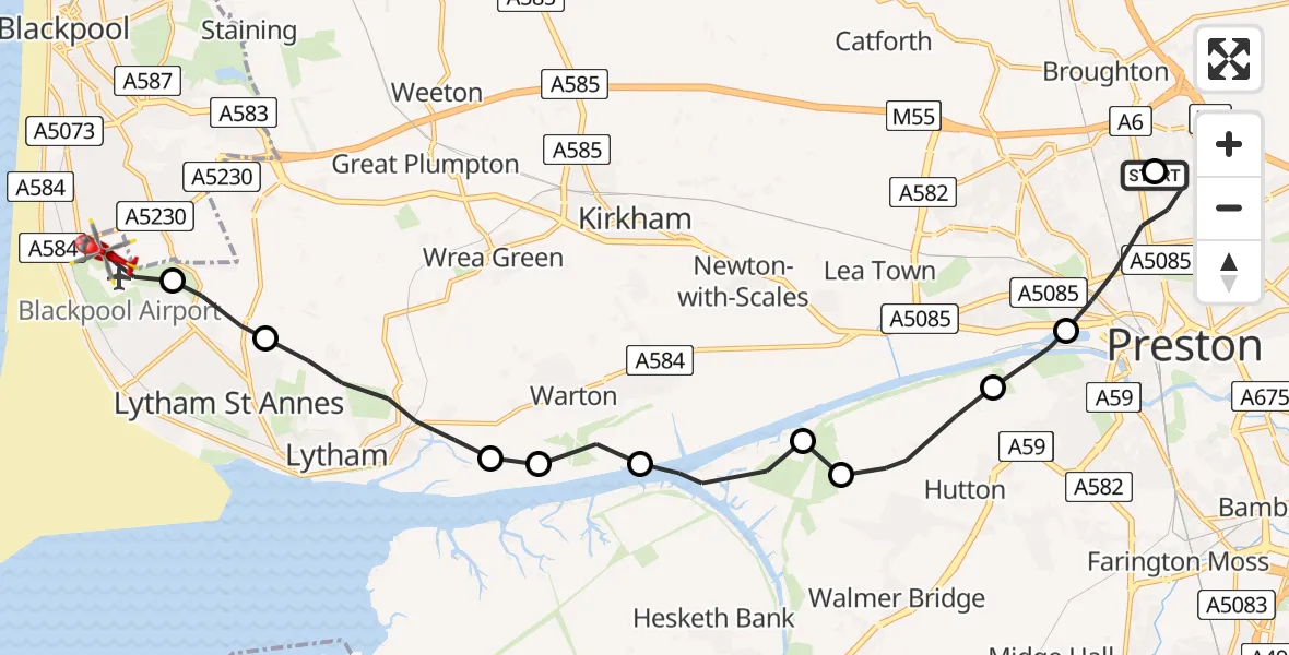 Flight route Air Ambulance Helicopter Royal Preston - Blackpool Airport, 10 May 2026, 18:54