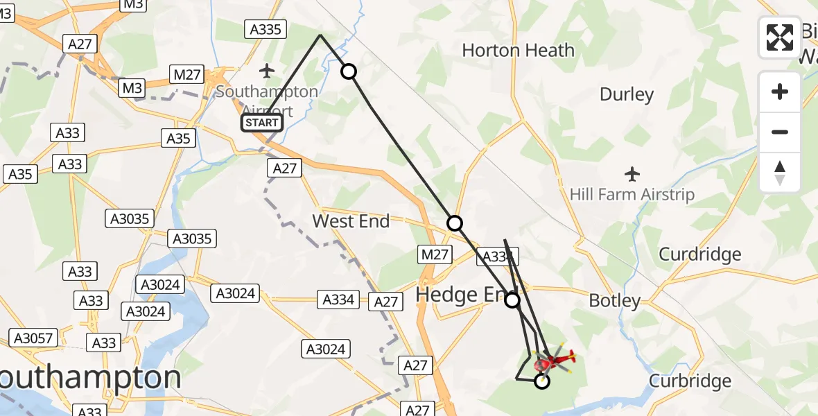 Flight route Air Ambulance Helicopter Southampton Airport - Hedge End, 10 May 2026, 19:01
