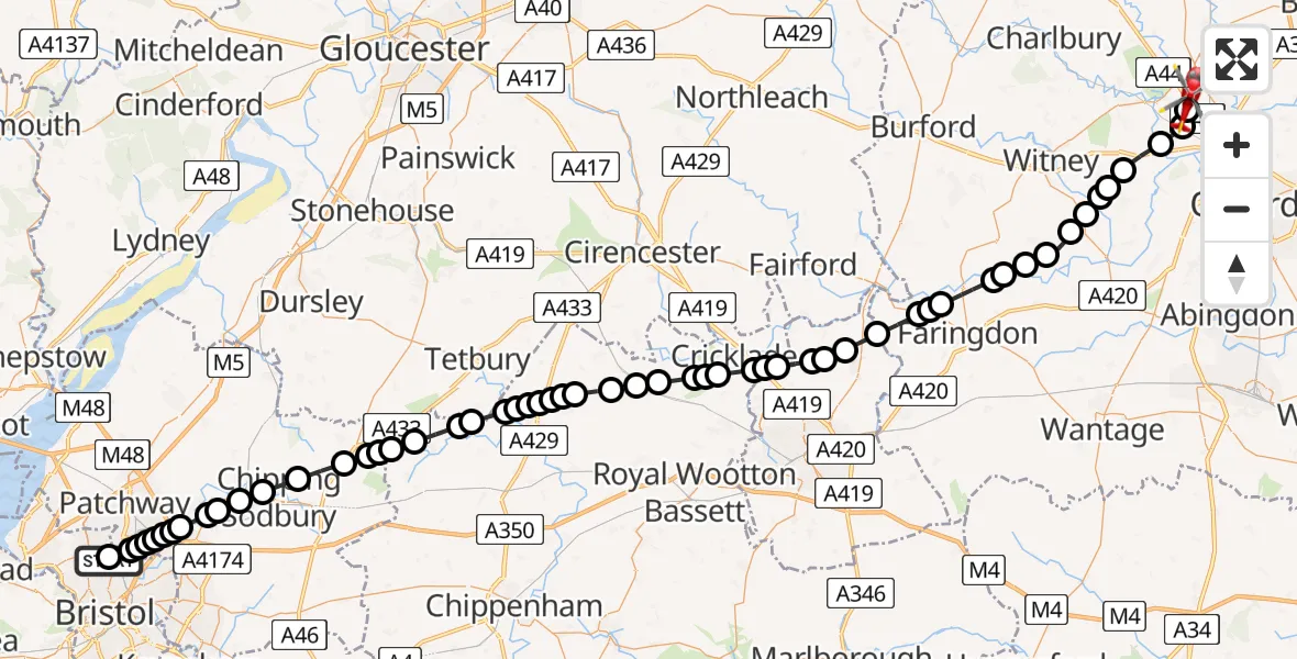 Flight route Air Ambulance Helicopter Southmead Hospital - Begbroke, 10 May 2026, 19:02