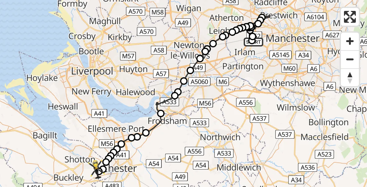Flight route Police Helicopter Manchester Barton Aerodrome - Hawarden Airport, 10 May 2026, 19:05