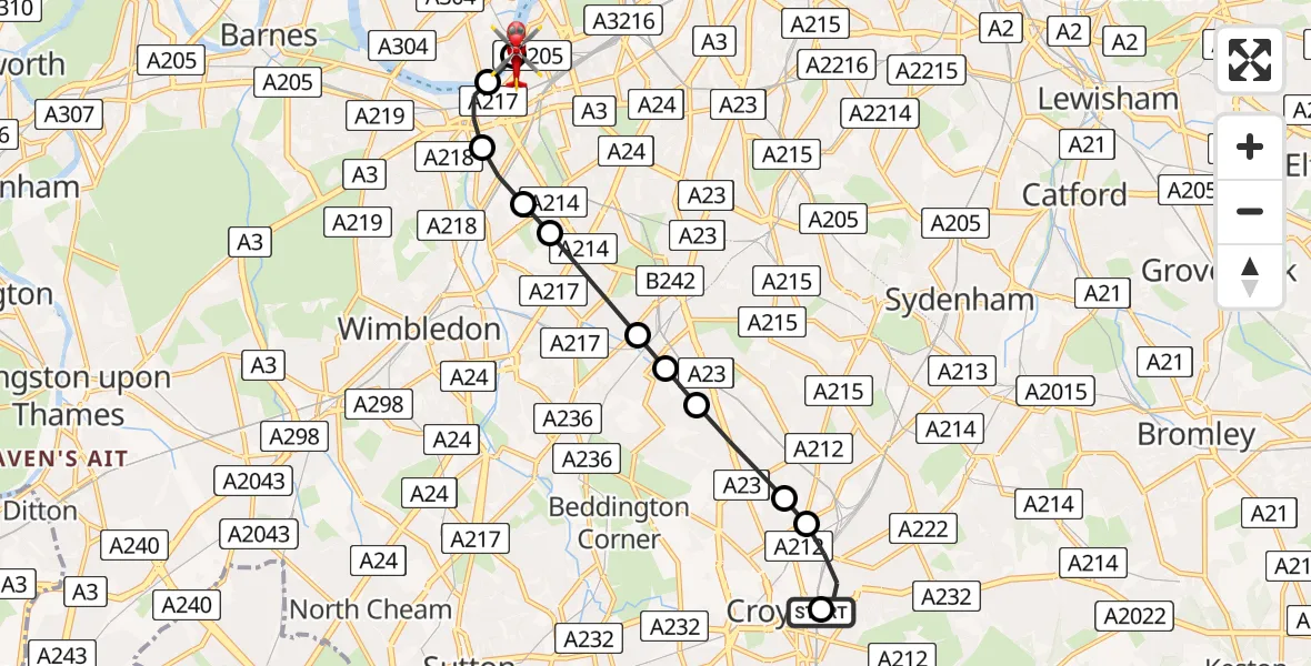 Flight route Air Ambulance Helicopter Addiscombe - London Heliport, 10 May 2026, 19:12