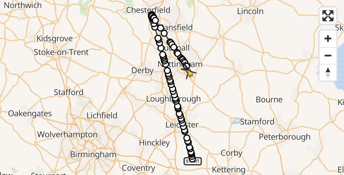 Flight route Police Helicopter Marston Trussell - West Bridgford, 10 May 2026, 19:17