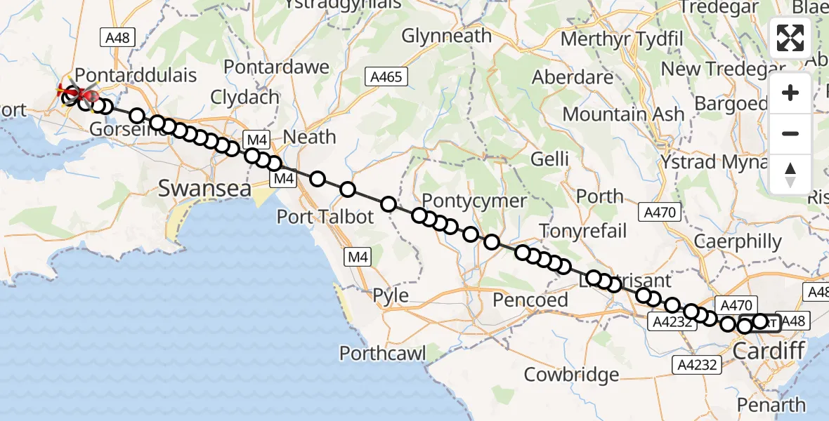 Flight route Air Ambulance Helicopter Birchgrove - Dafen, 10 May 2026, 19:19