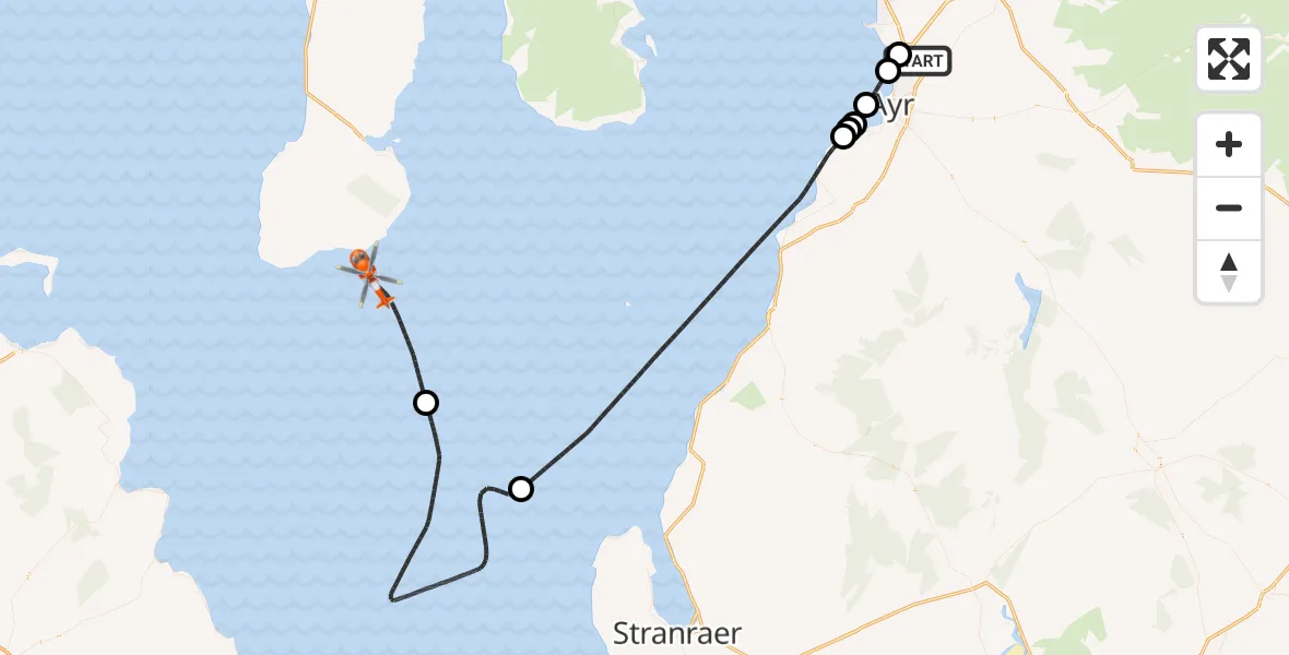 Flight route Coastguard Helicopter Glasgow Prestwick Airport - Inner Seas, 10 May 2026, 19:22