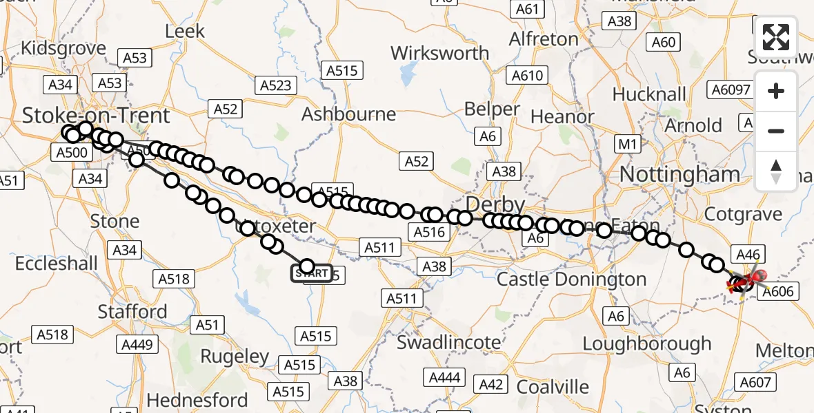 Flight route Air Ambulance Helicopter East Staffordshire - Nottingham Heliport, 10 May 2026, 19:25