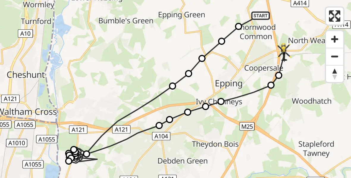 Flight route Police Helicopter North Weald Bassett - Coopersale, 10 May 2026, 19:27