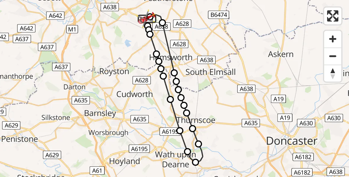 Flight route Air Ambulance Helicopter YAA Nostell Helicopter Port - YAA Nostell Helicopter Port, 10 May 2026, 19:29