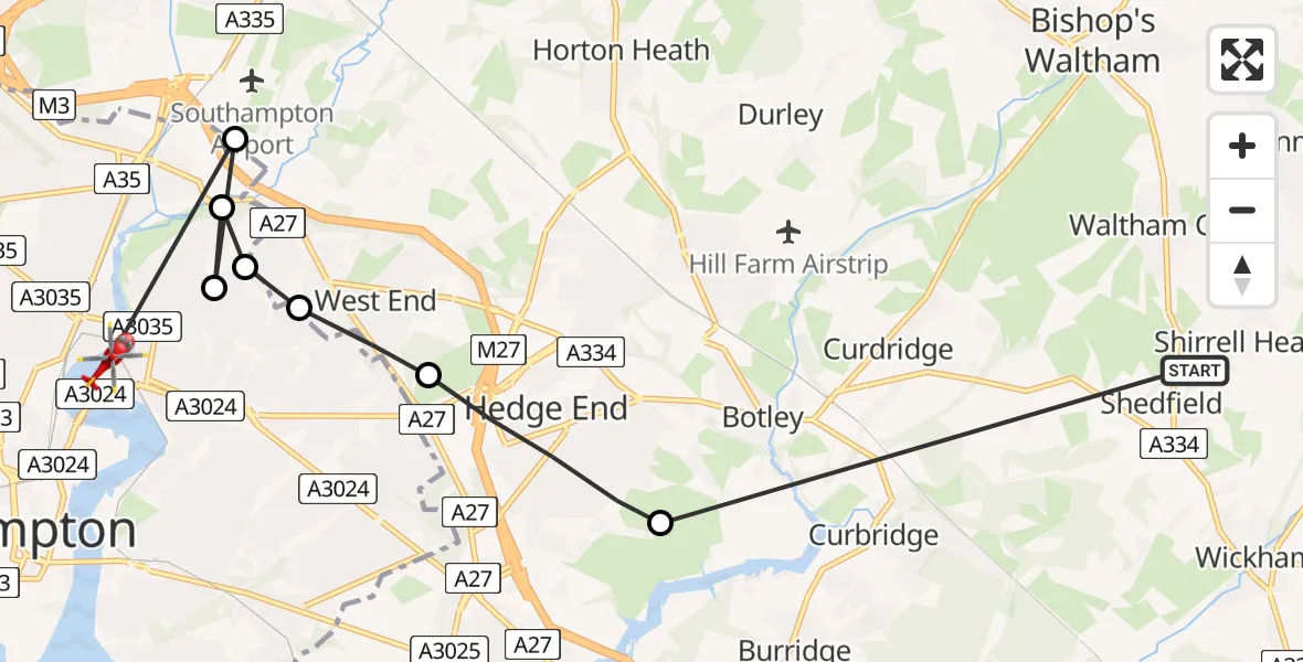 Flight route Air Ambulance Helicopter Shirrell Heath - Midanbury, 10 May 2026, 19:37