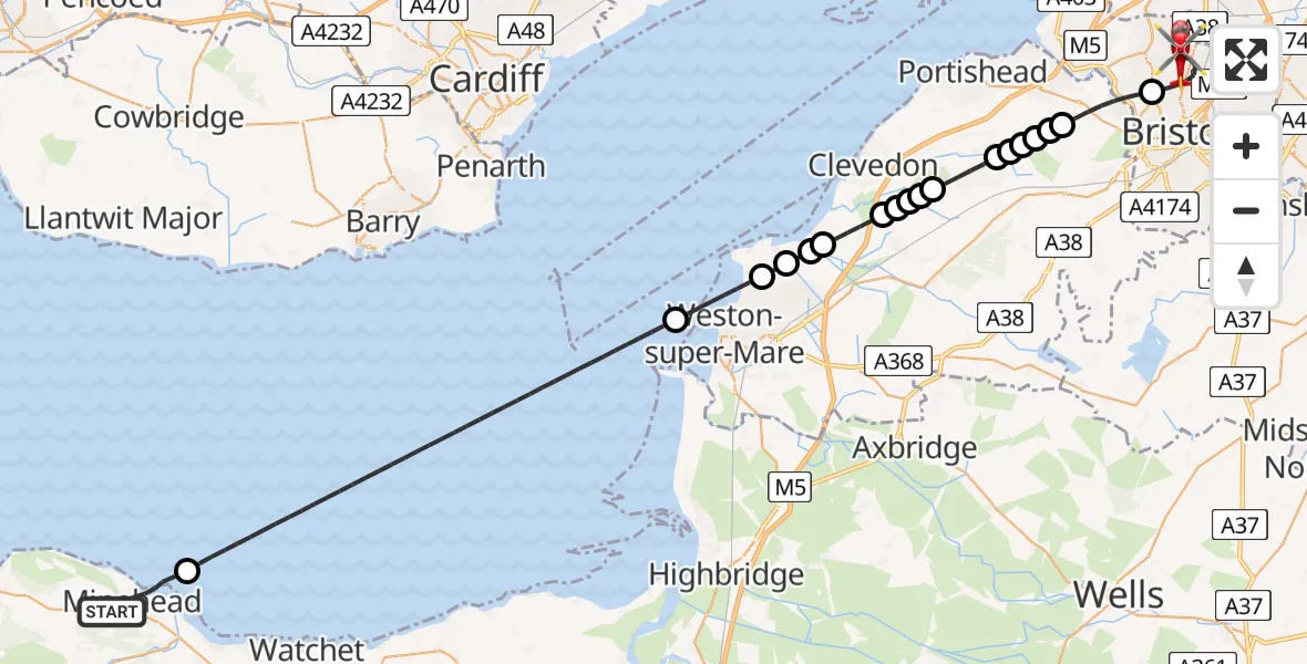 Flight route Air Ambulance Helicopter Minehead - Bristol, 10 May 2026, 19:39