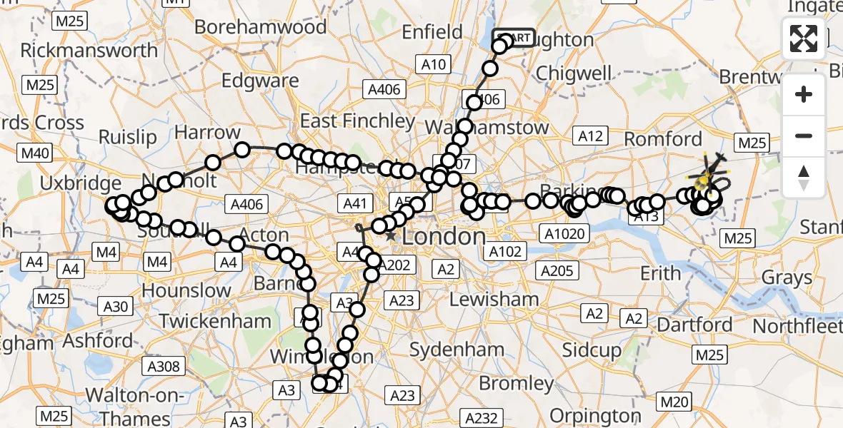 Flight route Police Helicopter Sewardstonebury - Corbets Tey, 10 May 2026, 19:42