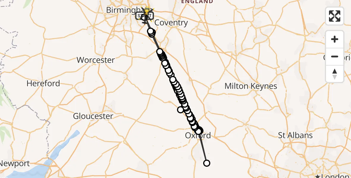 Flight route Police Helicopter Birmingham Airport - Solihull, 10 May 2026, 19:45