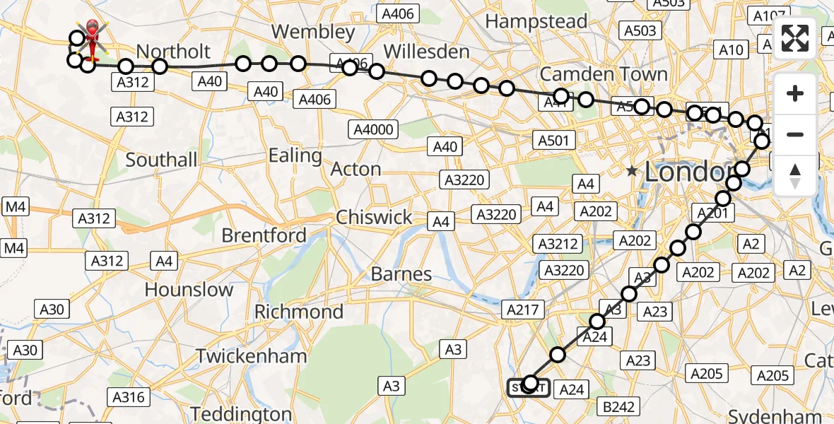 Flight route Air Ambulance Helicopter Summerstown - RAF Northolt, 10 May 2026, 19:53