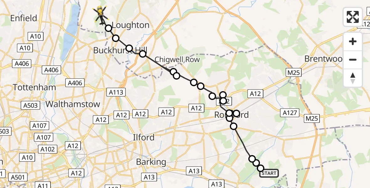 Flight route Police Helicopter Gerpins Farm Airstrip - Metropolitan Police Air Support Unit Lippitts Hill, 10 May 2026, 20:52