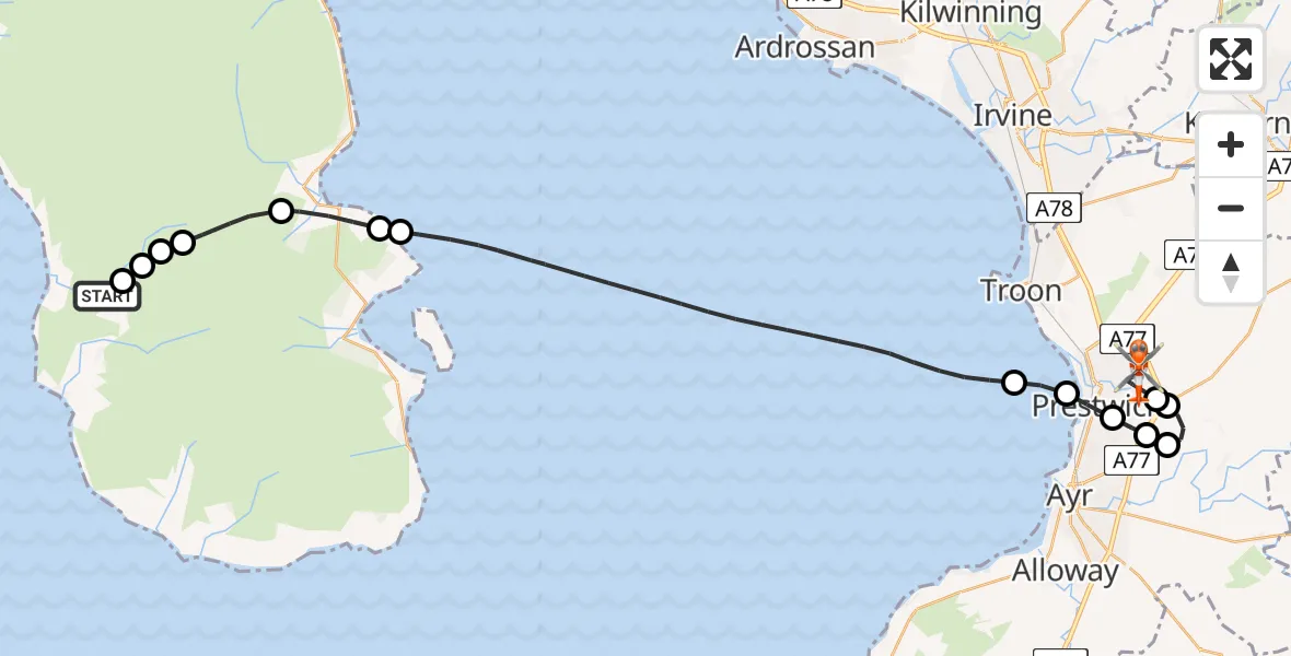 Flight route Coastguard Helicopter Ladymary  Pool - Glasgow Prestwick Airport, 10 May 2026, 20:57