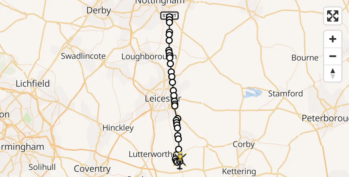 Flight route Police Helicopter West Bridgford - Harborough, 10 May 2026, 21:03