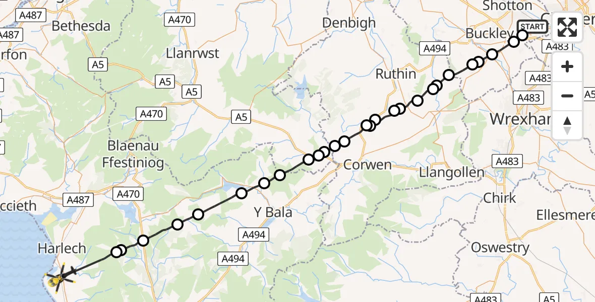 Flight route Police Helicopter Hawarden Airport - Llanbedr, 10 May 2026, 21:14