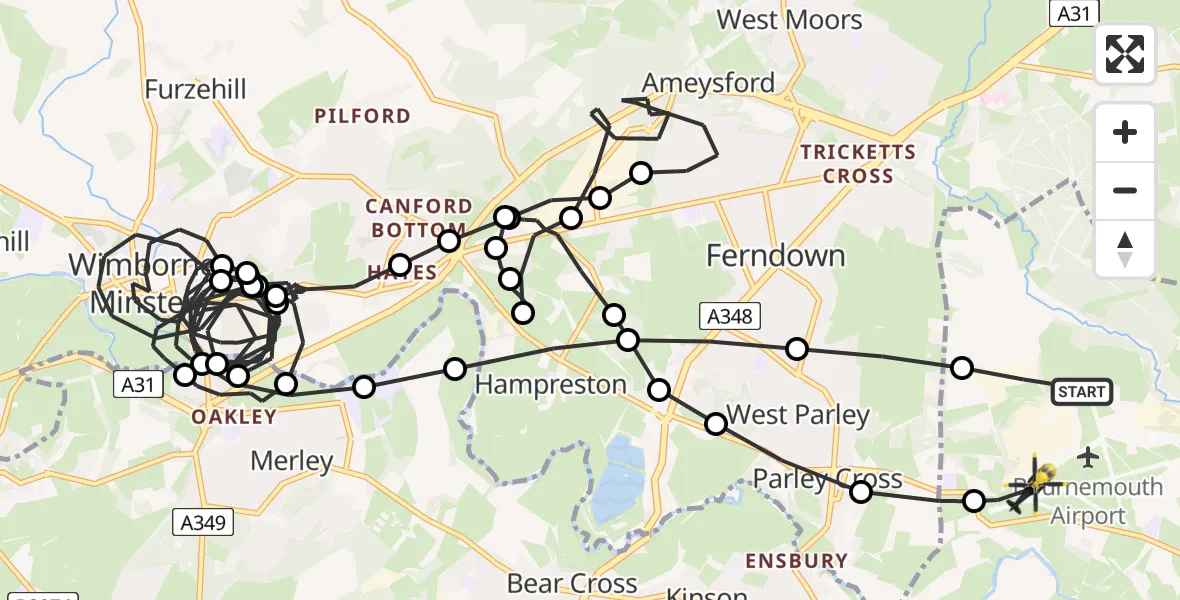 Flight route Police Helicopter Bournemouth Airport - Bournemouth Airport, 10 May 2026, 21:17