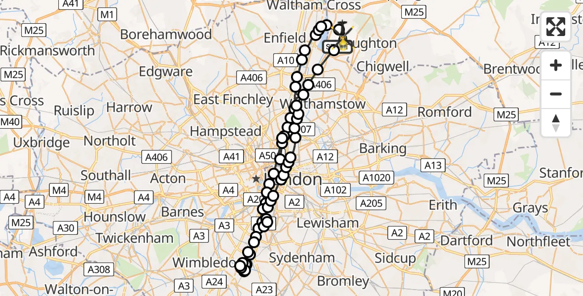 Flight route Police Helicopter Sewardstonebury - Metropolitan Police Air Support Unit Lippitts Hill, 10 May 2026, 21:20