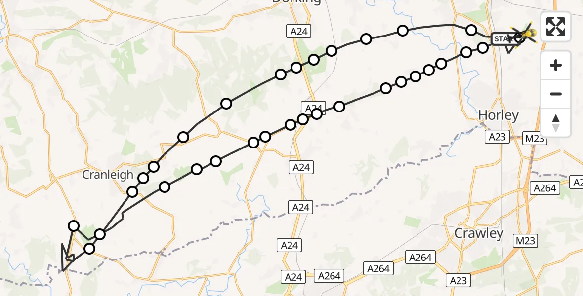 Flight route Police Helicopter Salfords - Redhill Aerodrome, 10 May 2026, 21:25