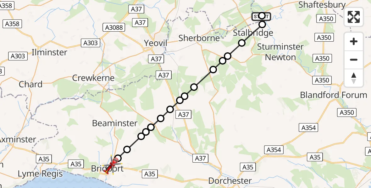 Flight route Air Ambulance Helicopter Henstridge Airfield - Bridport, 10 May 2026, 21:39
