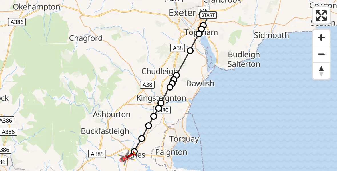 Flight route Air Ambulance Helicopter Clyst St Mary - Totnes, 10 May 2026, 21:43