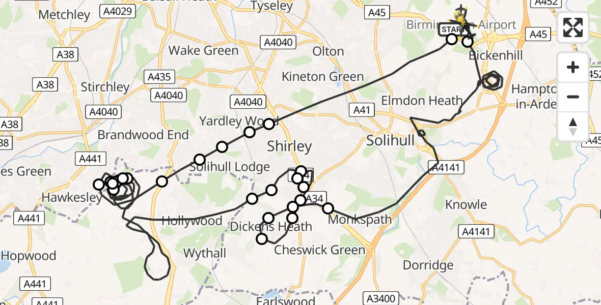 Flight route Police Helicopter Birmingham Airport - Birmingham Airport, 10 May 2026, 21:47