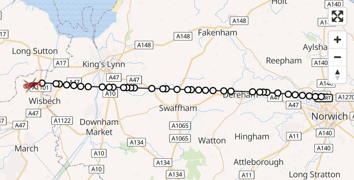 Flight route Air Ambulance Helicopter Norwich Airport - Newton, 10 May 2026, 22:15