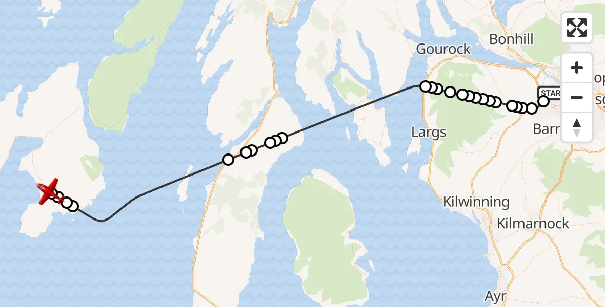 Flight route Air Ambulance Aircraft Glasgow Airport - Argyll and Bute, 10 May 2026, 22:25