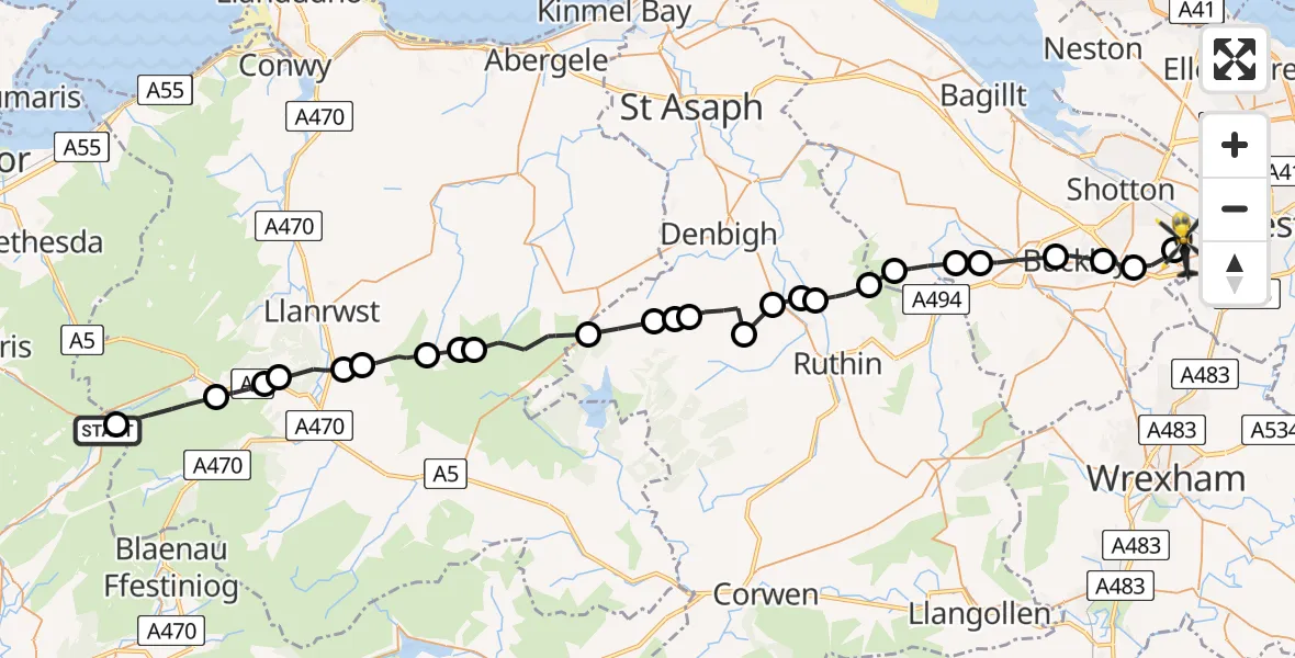 Flight route Police Helicopter Beddgelert - Hawarden Airport, 10 May 2026, 22:48